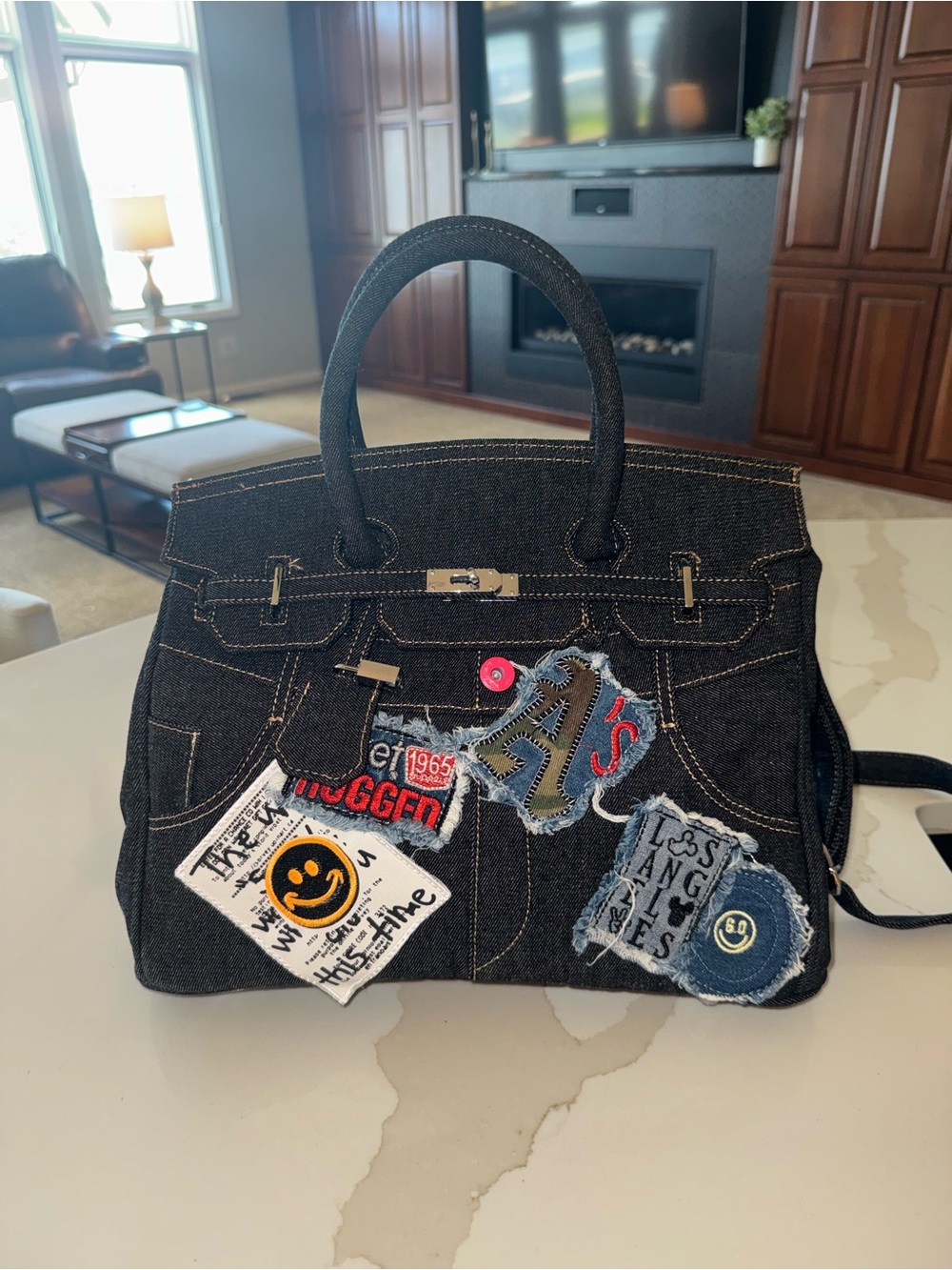 Denim Patchwork Tote with Patches